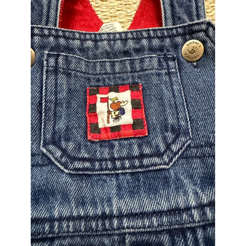 Vintage Carters Denim Fleece Lined Overalls Red Carpenter Baby 3-6M Moose Patch‎